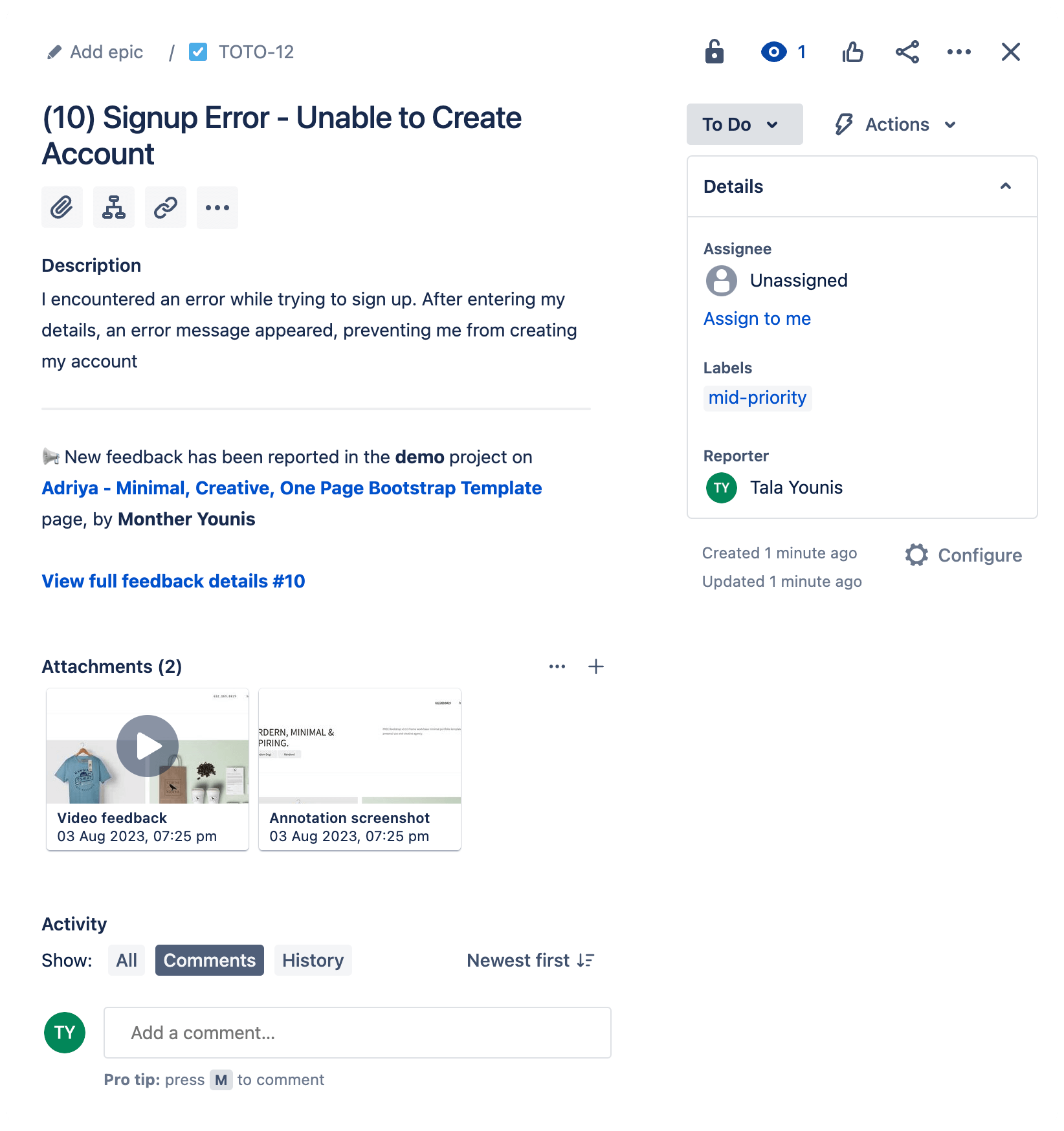 Bug reported by Bugzy on Jira with an annotated screenshot and video attached with more feedback details