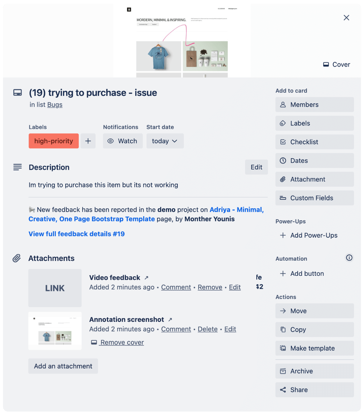 Customer feedback by Bugzy on Trello with an annotated screenshot, video attached with more feedback details